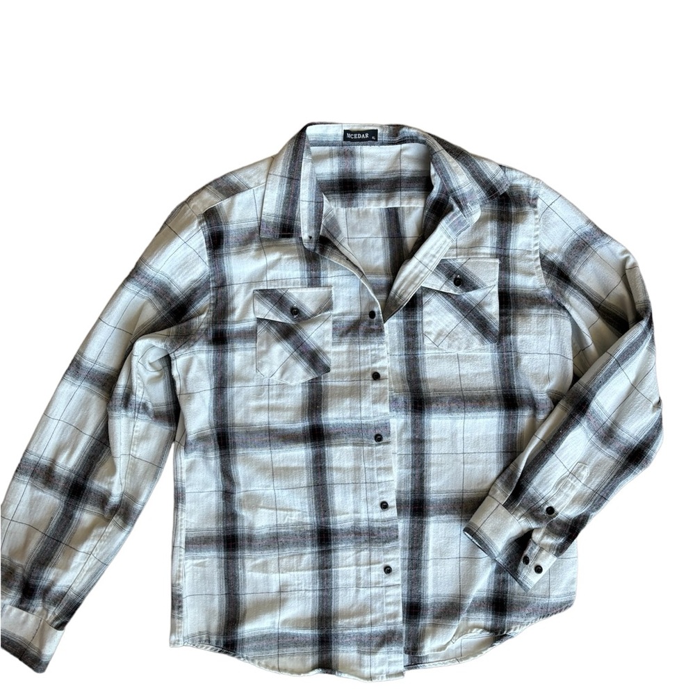 mcedar mens white red long sleeve black plaid button down size XL